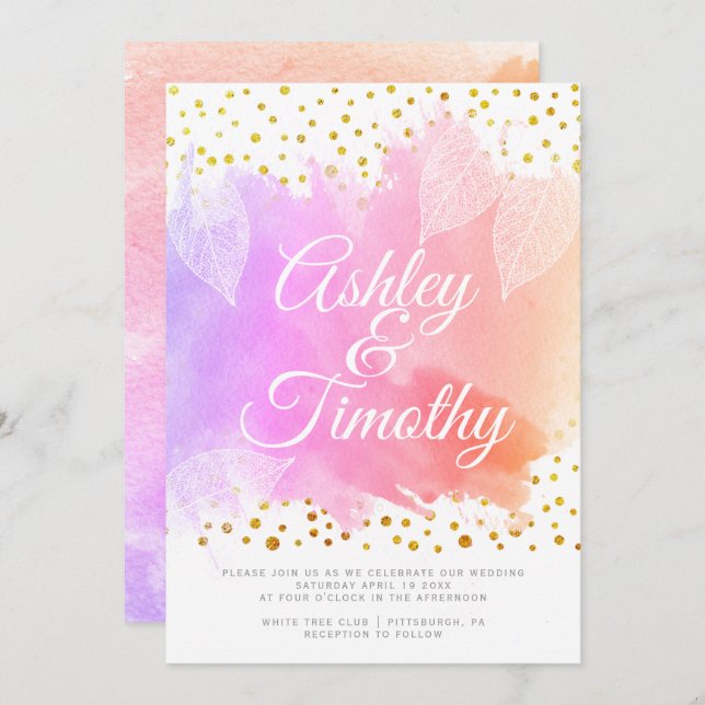 Convite Folhas no casamento da caligrafia cor-de-rosa (Frente/Verso)