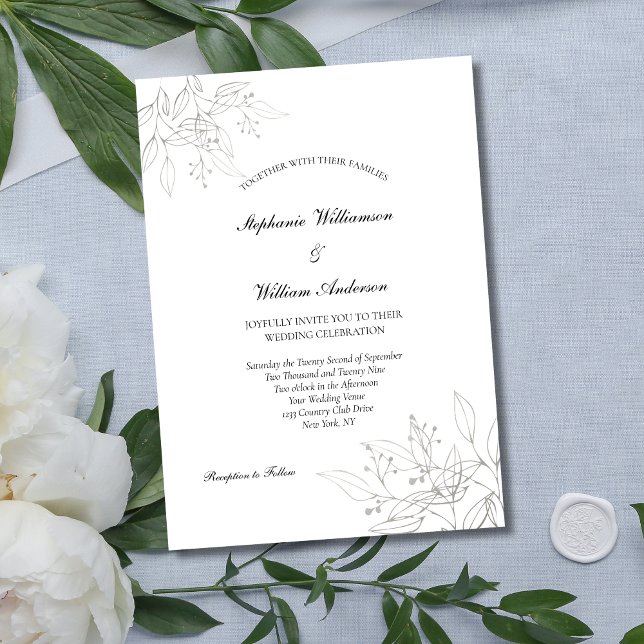 Convite Folhas Prateadas Elegante Formal Moderno Chic Casa (Silver Leaves Floral Botanical Wedding Invitation, Modern Minimalist Printed or Digital Download)