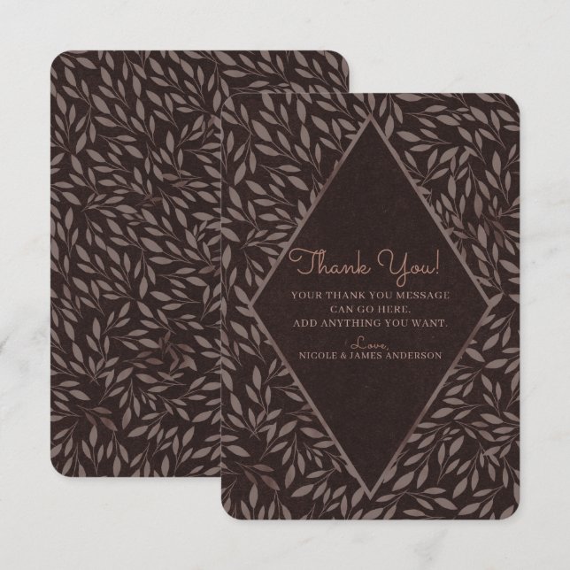 Convite Folhas Rosa Mauve Chocolate Botânico Obrigado (Frente/Verso)