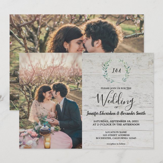 Convite Folhas russas sobre o monograma de madeira de cele (Frente/Verso)