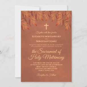 Convite Folhas Rústicas de Terracota Casamento Católico Mo