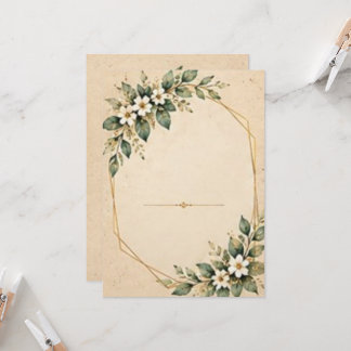 Convite Folhas Rústicas e Flores Brancas com Moldura Doura