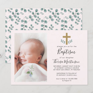 Convite Folhas Simples de Eucalipto com Foto Cruzada de Ba