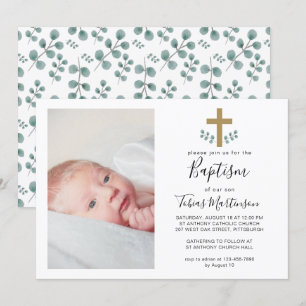 Convite Folhas Simples de Eucalipto com Foto de Batismo Cr