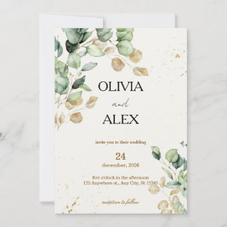 Convite Folhas Simples de Eucalipto Dourado Casamento Dupl