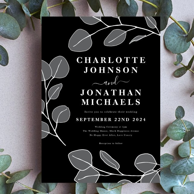Convite Folhas Simples Elegantes Modernas Cinza e Preto (Minimalist eucalyptus leaves modern stylish black and gray monochrome wedding invitation 
)