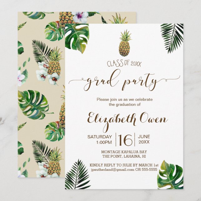 Convite Folhas Tropicais Abacaxi Luau Graduação (Frente/Verso)