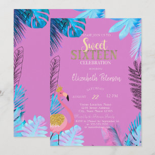 Convite Folhas Tropicais Azuis Flamingos Rosa Sweet 16