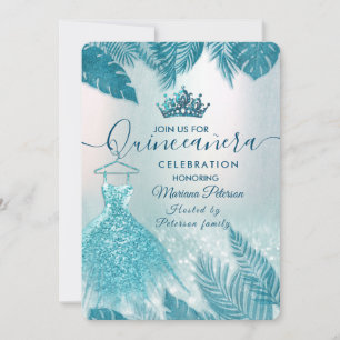 Convite Folhas tropicais azuis tiara Quinceañera