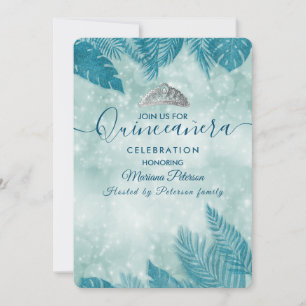 Convite Folhas tropicais de boque azul tiara Quinceañera