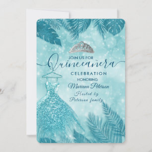 Convite Folhas tropicais de boque azul tiara Quinceañera