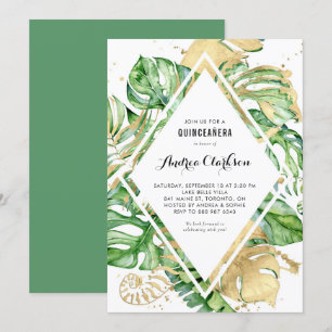 Convite Folhas Tropicais de Ouro Foil Summer Quinceañera
