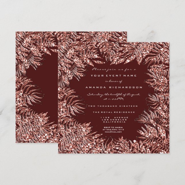 Convite Folhas Tropicais de Samambaia Quadro Rosa Dourado  (Frente/Verso)