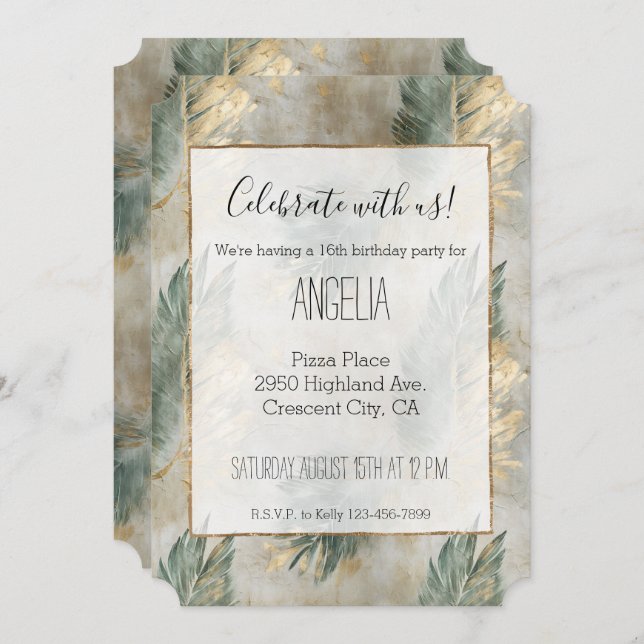 Convite Folhas Tropicais Douradas em Glam Verde (Frente/Verso)