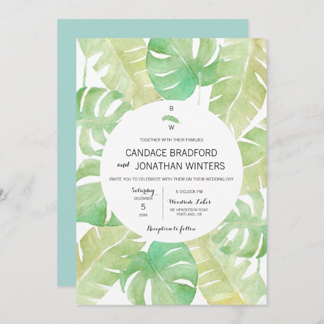 Convite Folhas tropicais em aquarela (Frente/Verso)