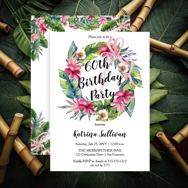 Convite Folhas tropicais | Festa de aniversário 60ª Floral (Boho Pink Hibiscus and Tropical Leaves with Pink Coquette Bow 60th Birthday Party Invitation)