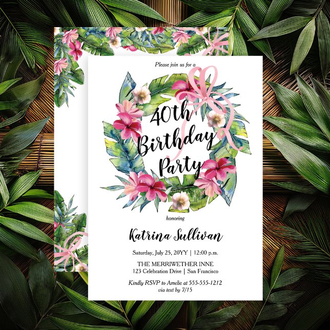 Convite Folhas tropicais | Festa de aniversário de 40 anos (Boho Tropical Hibiscus and Greenery with Pink Coquette Bow 40th Birthday Party Invitation)
