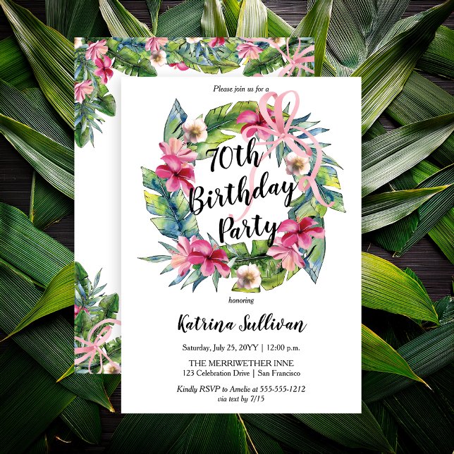 Convite Folhas tropicais | Festa de aniversário Floral-Ros (Boho Pink Hibiscus and Tropical Leaves with Pink Coquette Bow 70th Birthday Party Invitation)