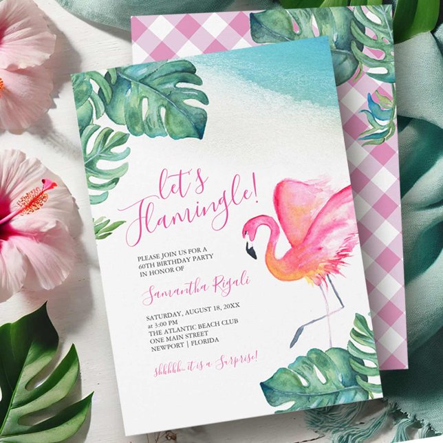 Convite Folhas Tropicais Flamingo 60ª Festa de aniversário (Birthday invitations tropical pink flamingo and gingham by Victoria Grigaliunas of Do Tell A Belle)