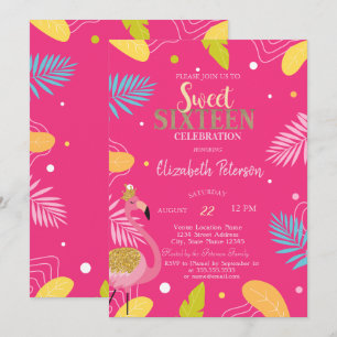 Convite Folhas Tropicais Flamingos Cor-de-Rosa Doce 16