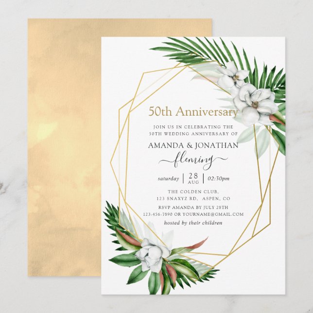 Convite Folhas Tropicais Geométricas 50º Aniversário (Frente/Verso)