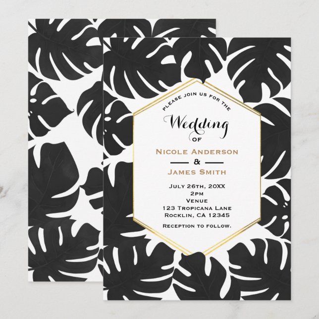 Convite Folhas Tropicais Pretas Casamento Chic Branco e Do (Frente/Verso)