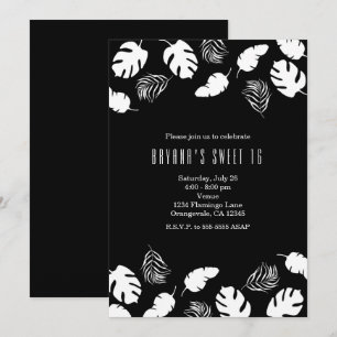Convite Folhas Tropicais Preto e Branco Festa Chic Elegant
