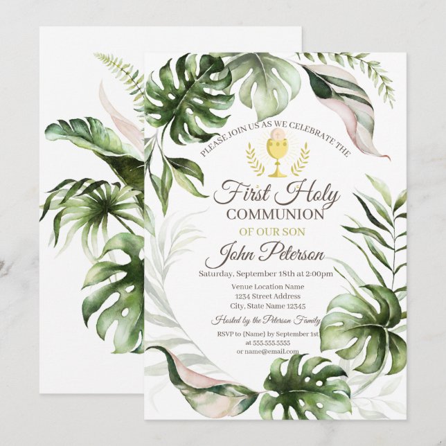 Convite Folhas Tropicais Primeira Comunhão  (Frente/Verso)