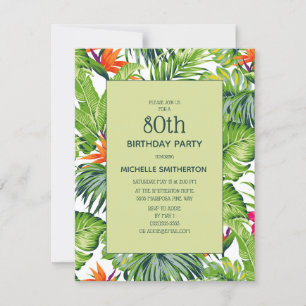 Convite Folhas Tropicais Rosa Laranja Floral 80º Aniversár