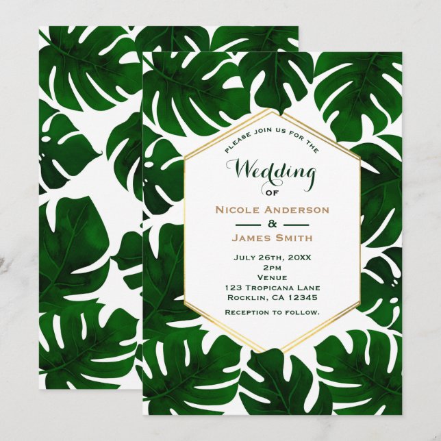 Convite Folhas Tropicais Verde Escuro Branco & Casamento D (Frente/Verso)