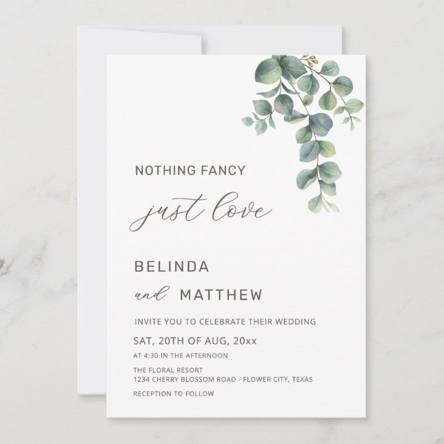 Convite Folhas Verde Água Flores Casamento Informal (Frente)