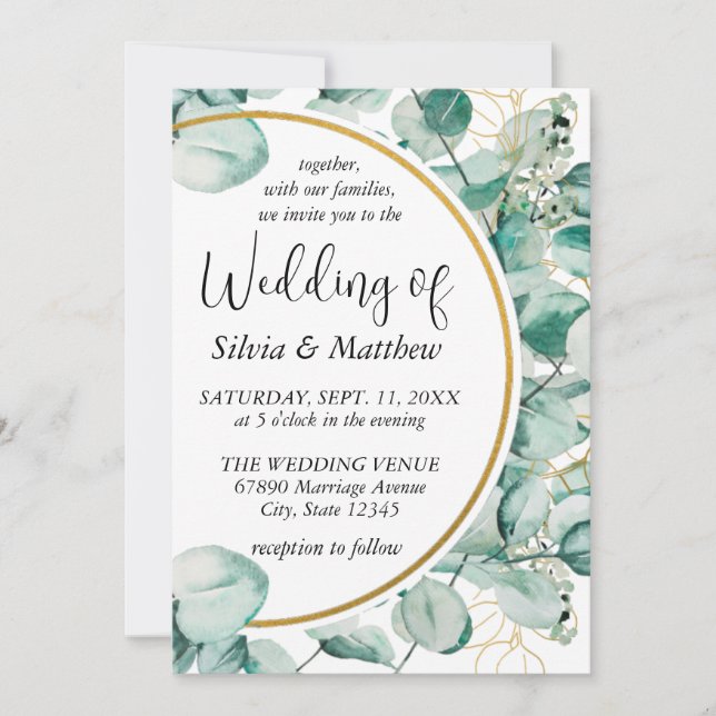 Convite Folhas Verde-Menta em Aquarela Casamento (Frente)