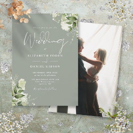 Convite Folhas Verde Musgo Elegante Foto Casamento