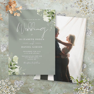 Convite Folhas Verde Musgo Elegante Foto Casamento