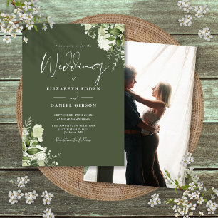 Convite Folhas Verde Oliva Elegante Fotografia Casamento 