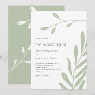 Convite Folhas Verde-Sage Minimalistas para Casamento