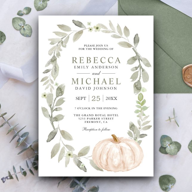 Convite Folhas Verde Sage Rústico Abóbora Branca Casamento (Criador carregado)