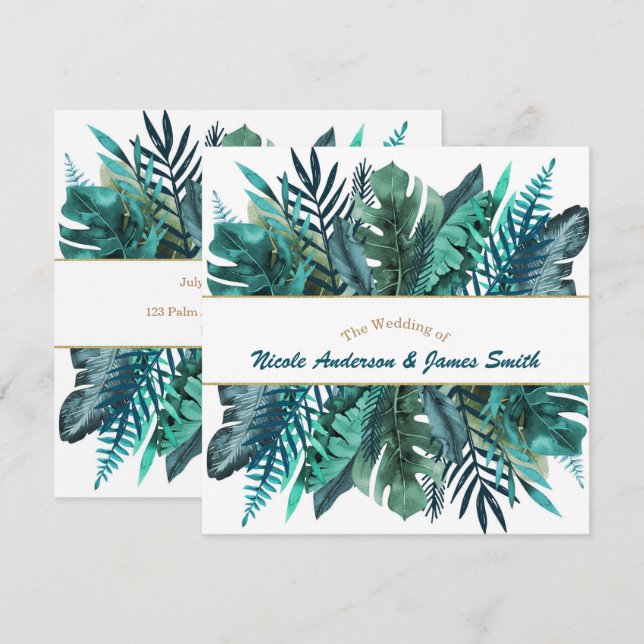 Convite Folhas Verde Teal Tropical Elegante Casamento Bran (Frente/Verso)