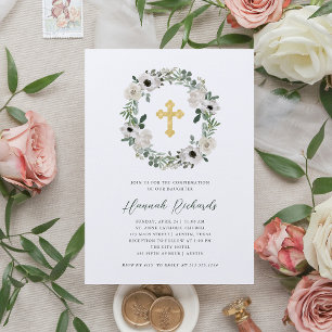 Convite Folhas verdes bonito de flores brancas Confirmaç