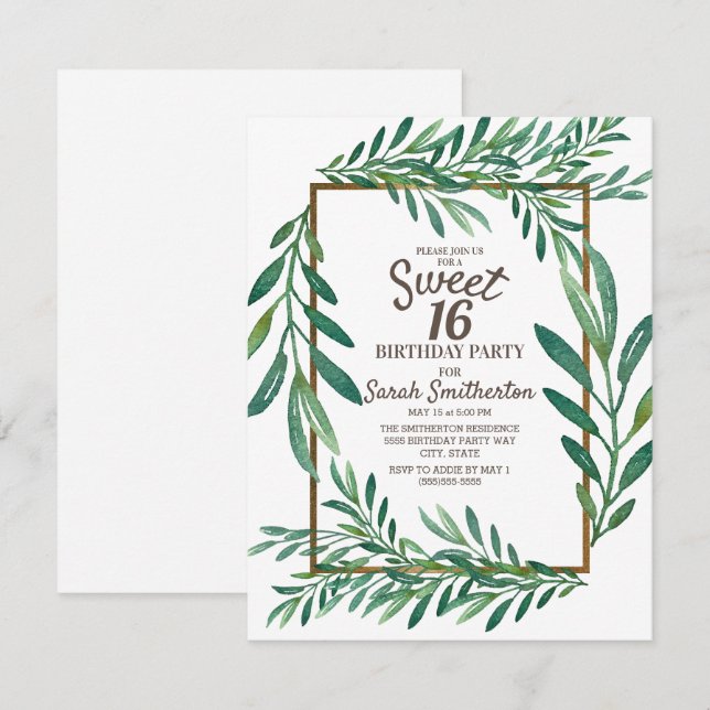 Convite Folhas Verdes Botânicas Branco Dourado Sweet 16 (Frente/Verso)