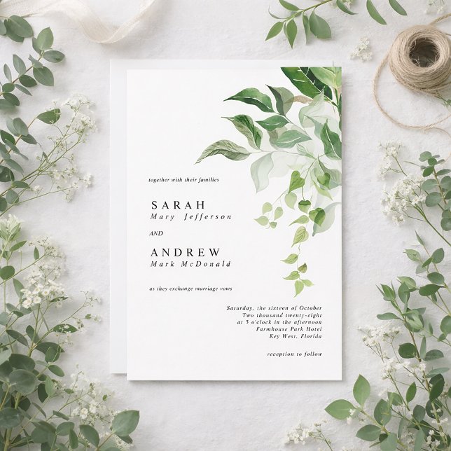 Convite Folhas Verdes Casamento Minimalista Moderno (Criador carregado)