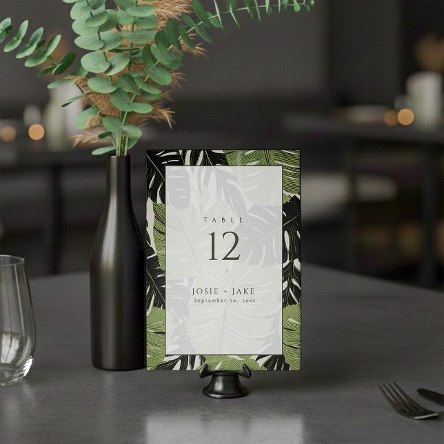 Convite Folhas verdes da selva, ousadas e modernas mesas (Green leaves wedding table number place card.)