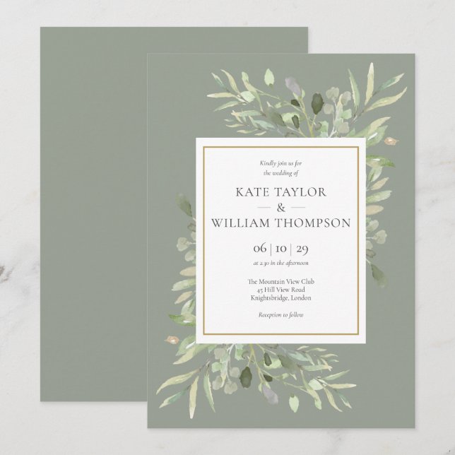 Convite Folhas Verdes de Sage Verde Dourado Casamento (Frente/Verso)