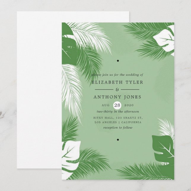 Convite Folhas Verdes e Brancas Casamento Tropical Exótico (Frente/Verso)