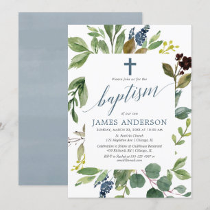 Convite Folhas verdes e verde poeirentas e azuis batismo