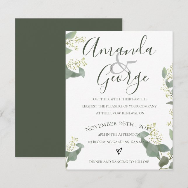 Convite Folhas verdes | Script Elegante | Renovação de Vow (Frente/Verso)