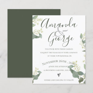 Convite Folhas verdes Script Elegante Renovação de Vow