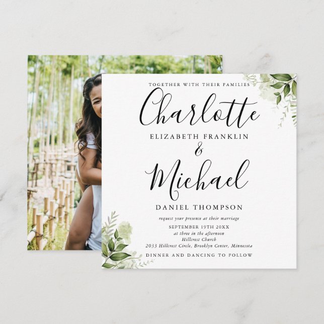 Convite Folhas Verdes Script Foto Elegante Casamento  (Frente/Verso)