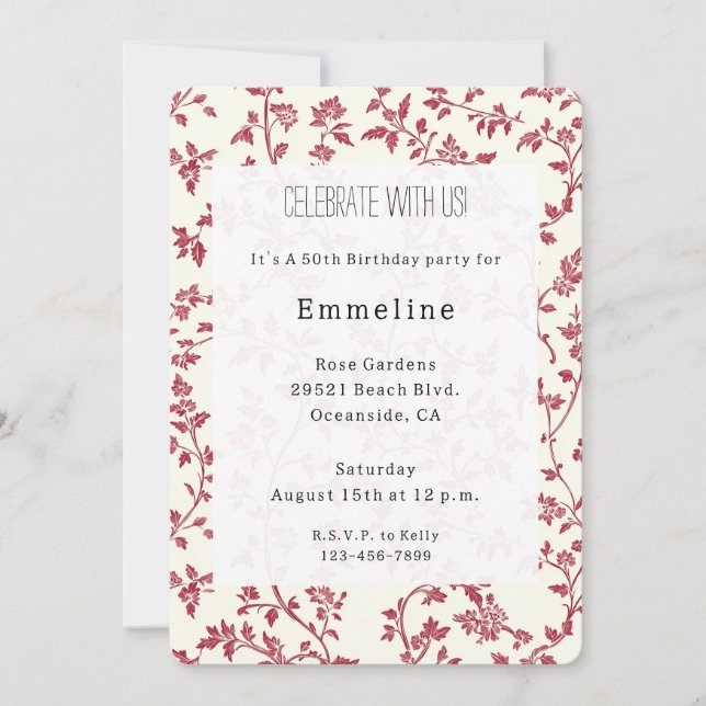 Convite Folhas Vermelhas Creme Romântico de Aniversário (Frente)