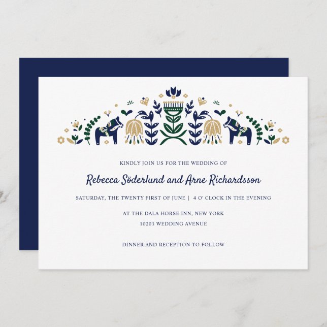 Convite Folheto Escandinavo Art Dala Horse CUSTOM Blue V3 (Frente/Verso)